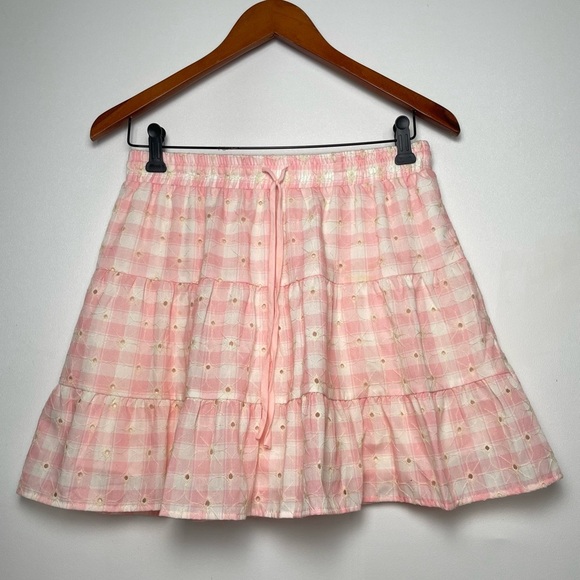 Altar'd State Pink Gingham Eyelet Flowy Skirt Elastic Waist Women Large Lined - Picture 1 of 9
